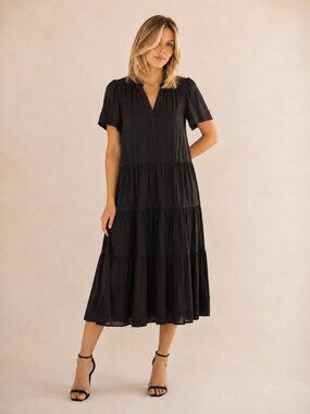 Cynthia Rowley Black Tiered Linen Blend Midi Dress Size Medium Capsule